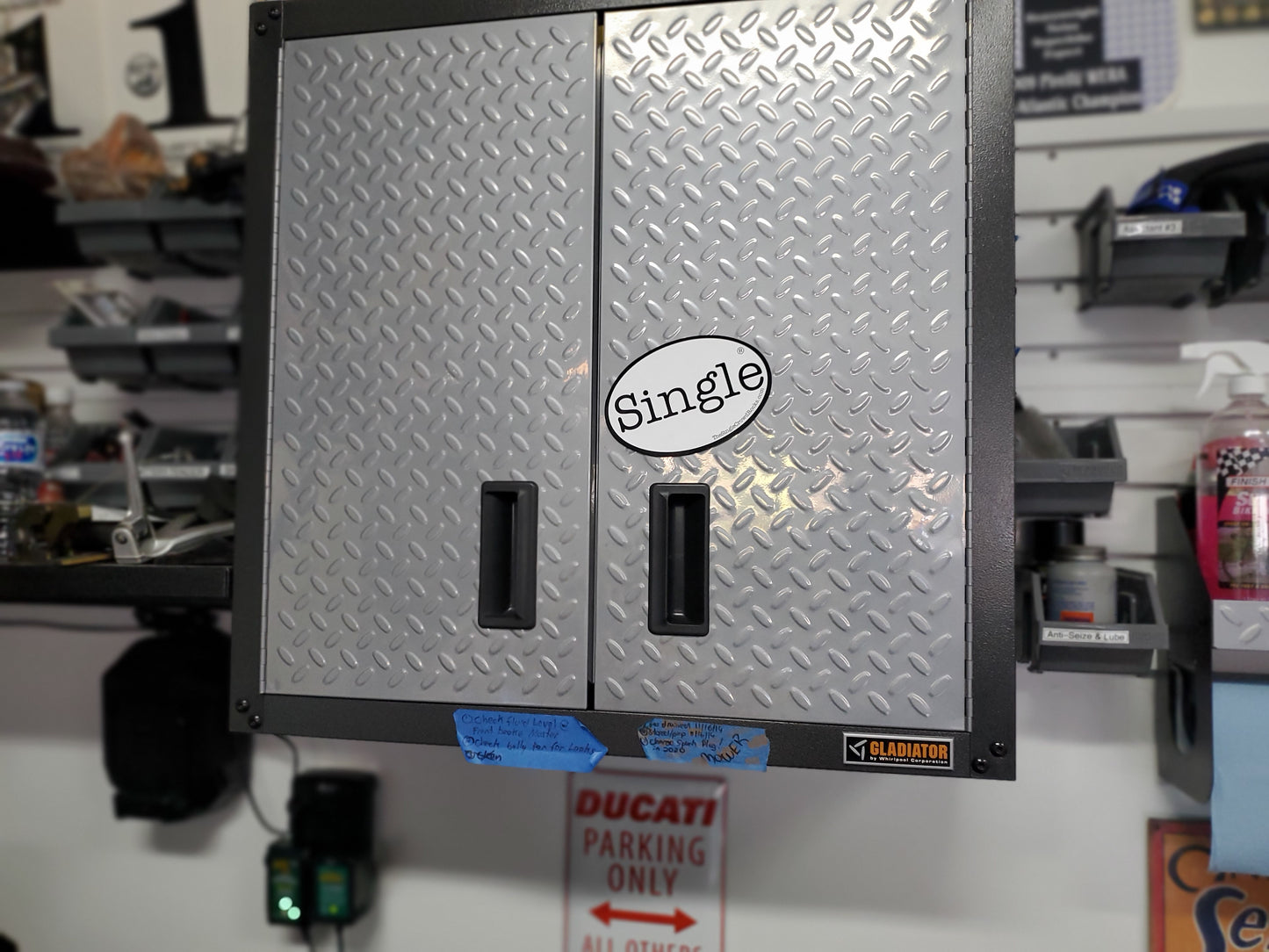 Single® labeled Magnets on a tool cabinet.