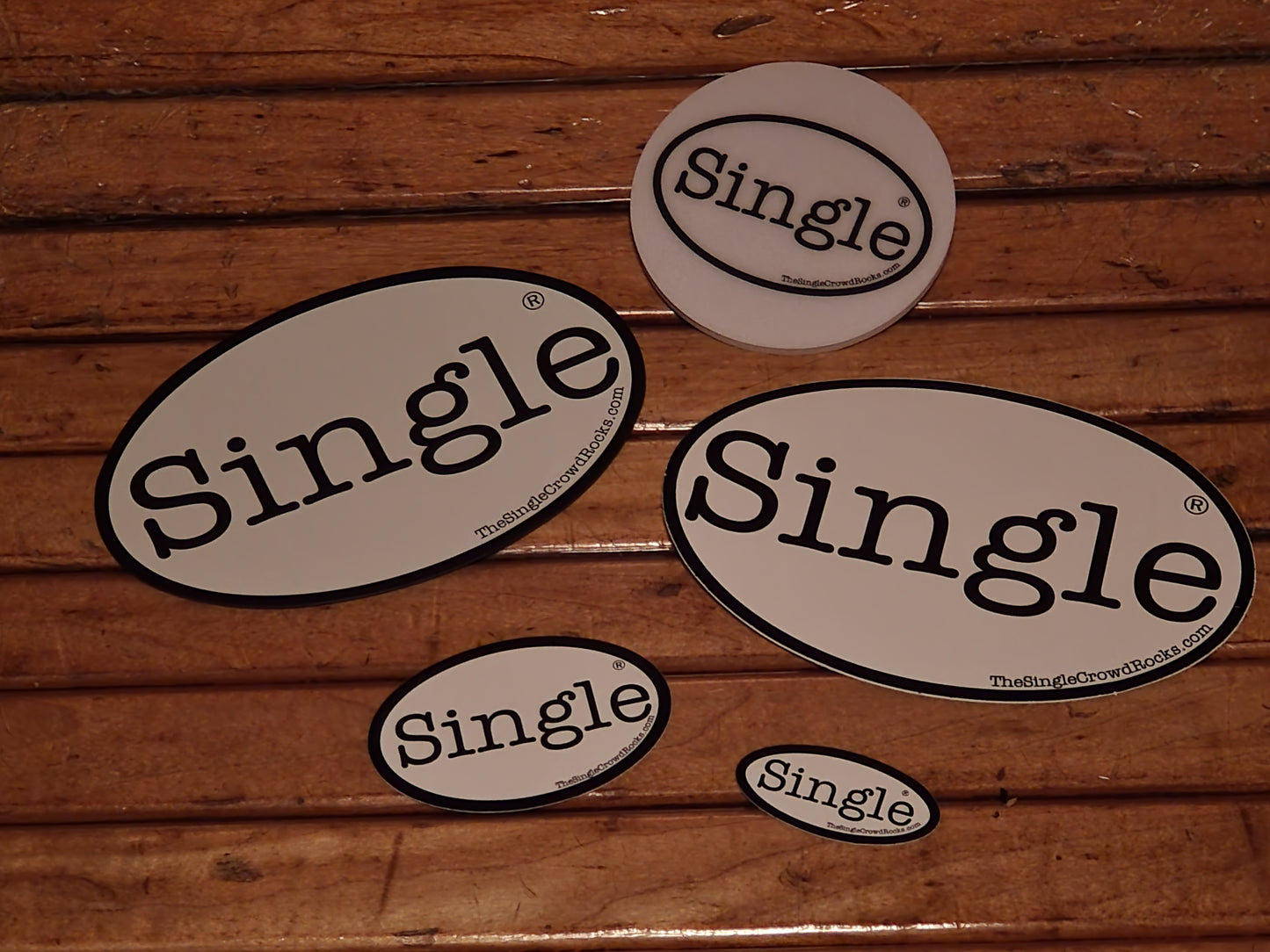 Bundle No. 3: Single® labeled small, medium and large stickers, magnet and drink coaster.