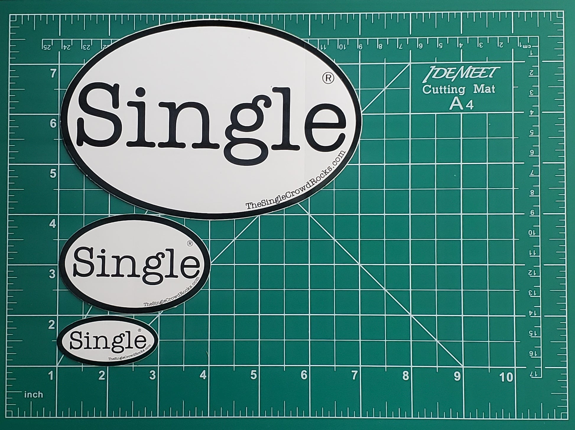 Dimensions of the Single®  small, medium and large stickers (Bundle No. 1).