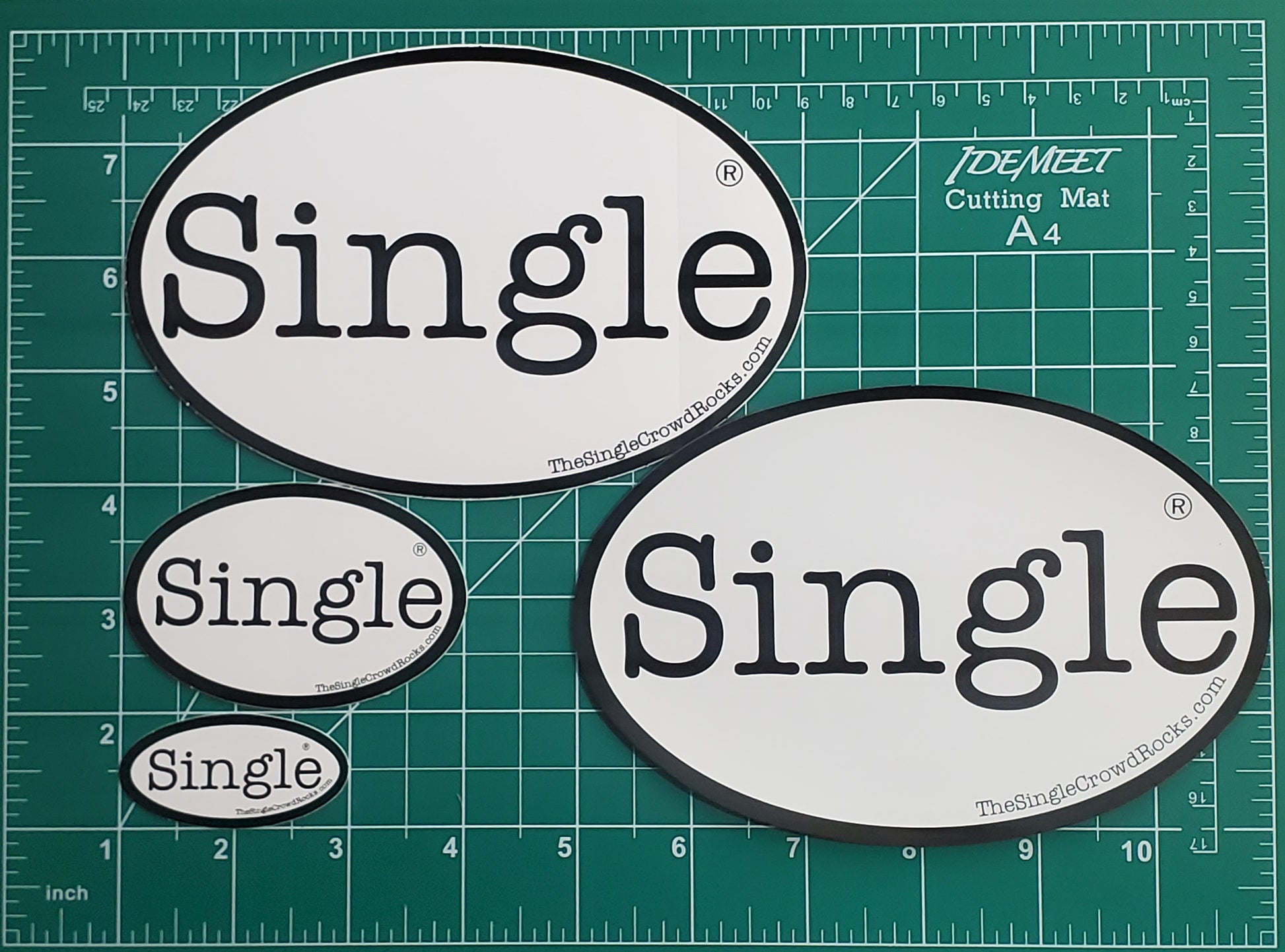 Dimensions of the Single®  small, medium, and large stickers, and Magnet (Bundle No. 2).