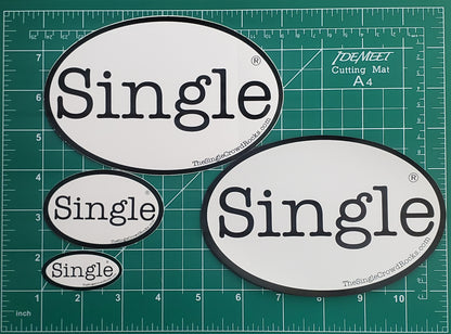Dimensions of the Single®  small, medium, and large stickers, and Magnet (Bundle No. 2).