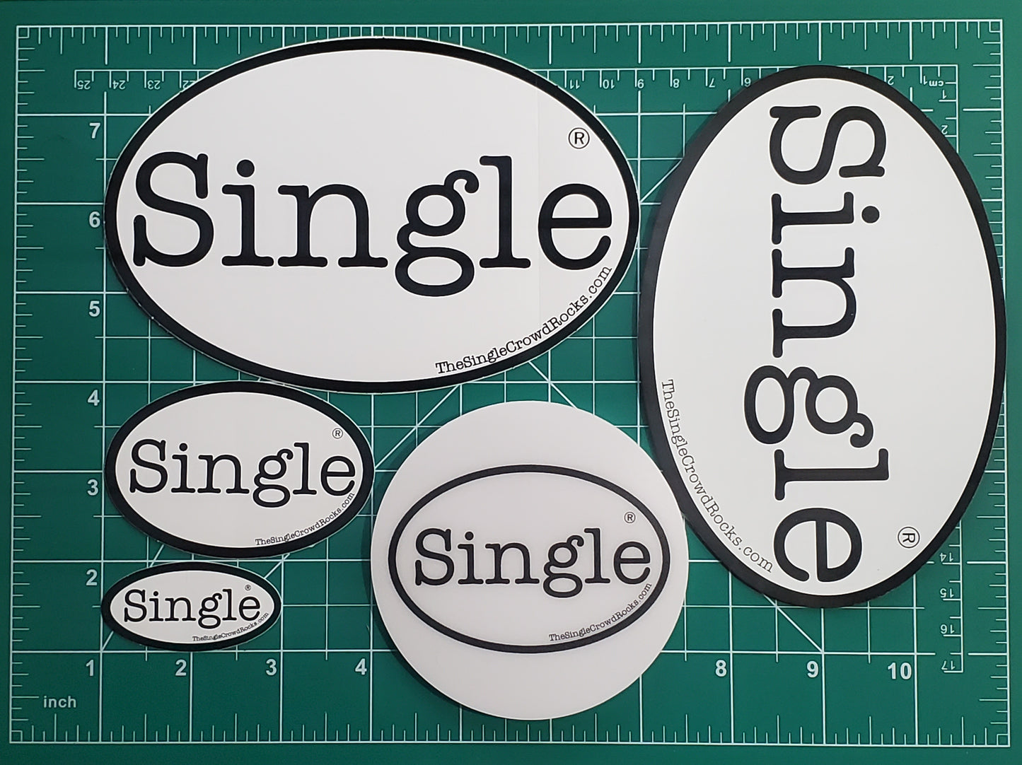 Dimensions of the Single®  small, medium, and large stickers, magnet and drink coaster (Bundle No. 3).