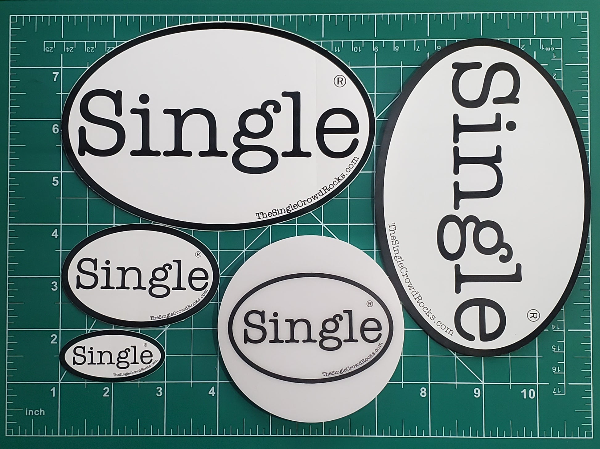 Dimensions of the Single®  small, medium, and large stickers, magnet and drink coaster (Bundle No. 3).