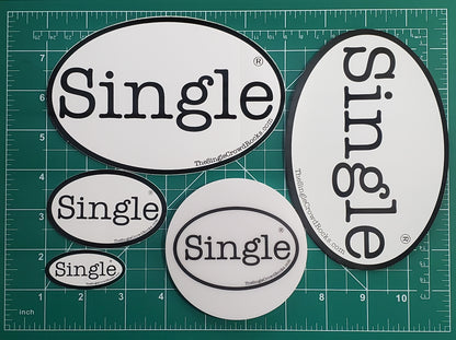 Dimensions of the Single®  small, medium, and large stickers, magnet and drink coaster (Bundle No. 3).