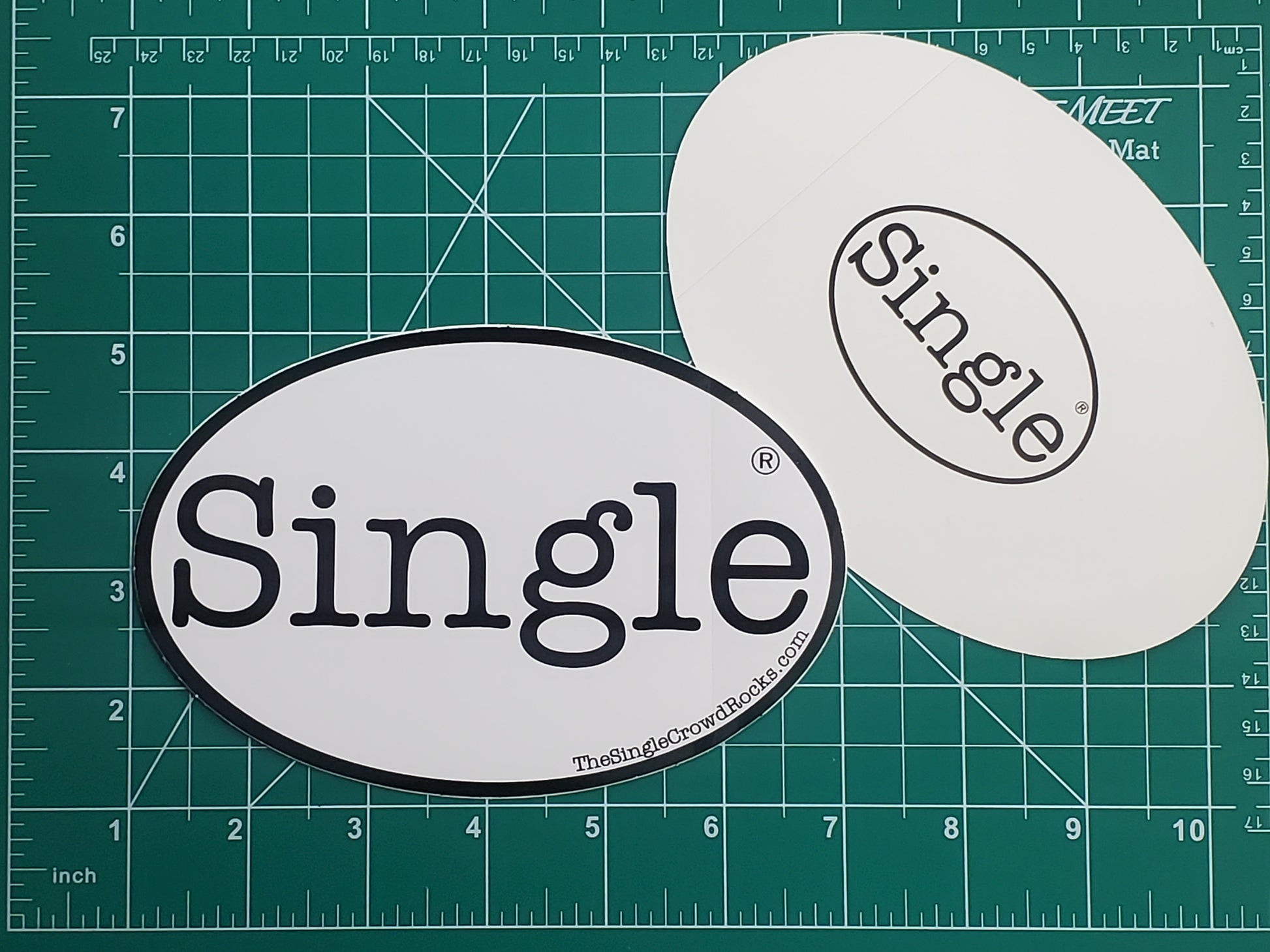 Dimensions of the Single®  labeled large size stickers. Front and rear of sticker shown.