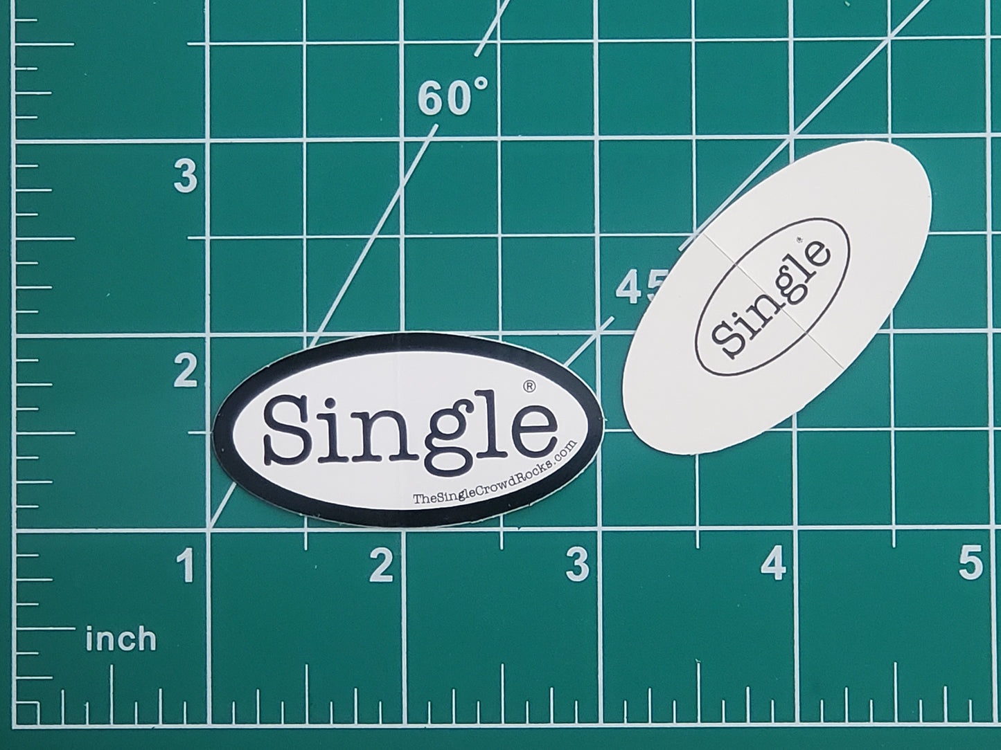 Dimensions of the Single®  labeled small size stickers. Front and rear of sticker shown.