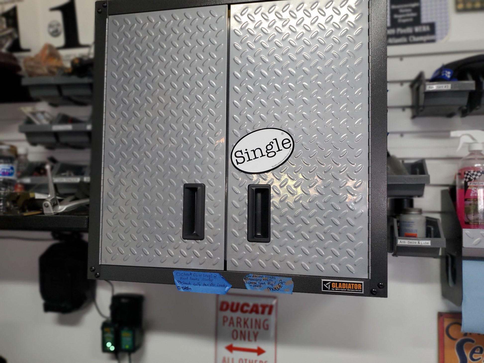 Single® labeled Magnets on a tool cabinet.