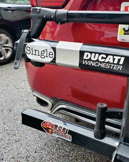 Single® labeled Large size Sticker on a Bike Rack.